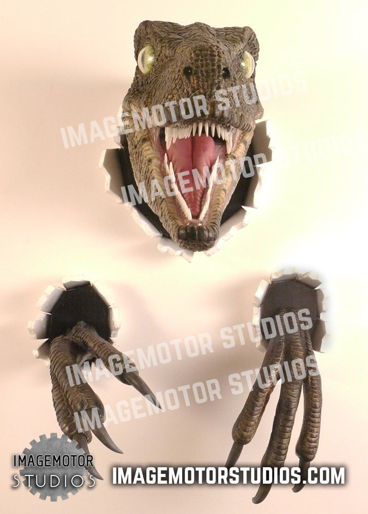 Wall bursting Velociraptor with claws prop replica set