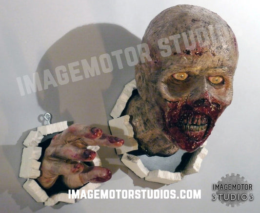 wall bursting walking dead zombie life size head and hand set prop replica