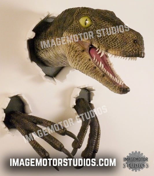 Wall bursting Velociraptor with claws prop replica set
