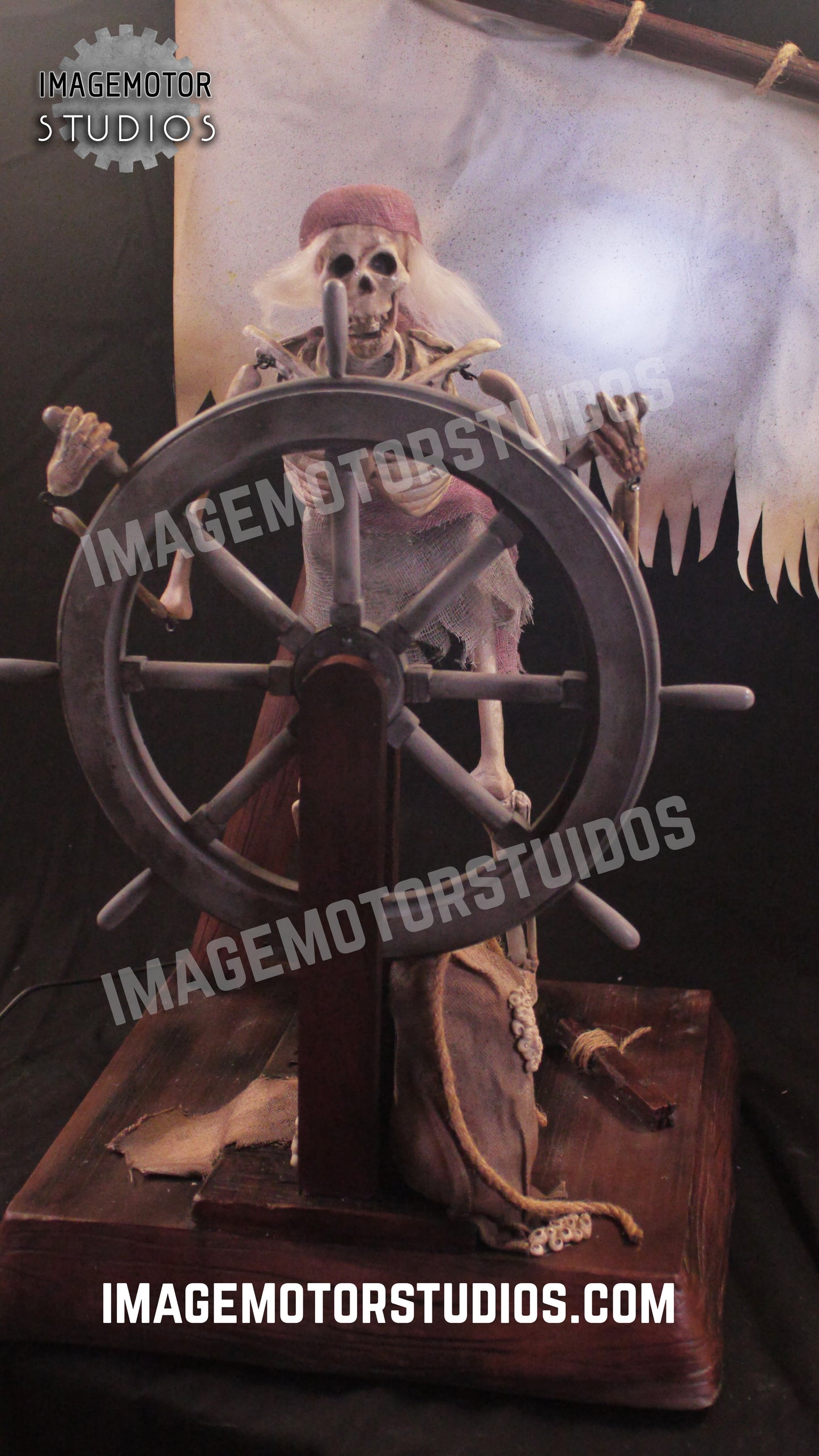 Spooky Ghost pirate helmsman with wind, motion, lights and sound